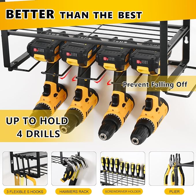 Wall Mount Power Tool Organizer, 3 Layers Garage Wall Organize with 4 Cordless Drill Holders, Storage Rack for Workshop/Garage, 150Lbs Load Capacity, Heavy Duty Iron, Matte Black