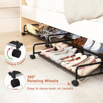 Under Bed Shoe Storage Organizer, 2 Pack Metal Mesh Under Bed Storage Containers with Wheels, Shoe Organizer Drawer Space Saving for Bedroom
