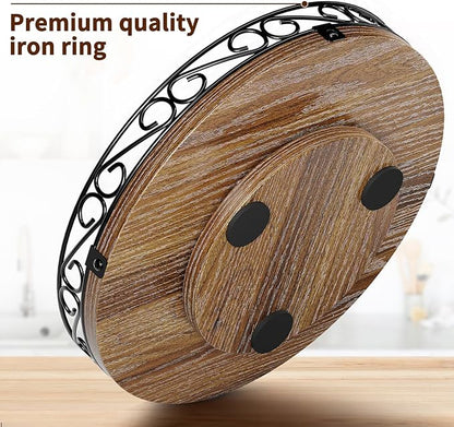 12" Lazy Susan Turntable Organizer for Table Top, Round Wooden Lazy Susan for Cabinet, Farmhouse Decorative Tray for Coffee Table, Kitchen Organizer Countertop, Center Piece Decor, Rustic Brown