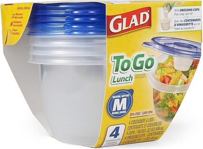 Glad GladWare To Go Lunch Food Storage Containers with Lids, Medium Round BPA Free Plastic with Built-In Dressing Cup for Salads and Lunches, Microwave Dishwasher Safe, 32 Oz, 4 Count