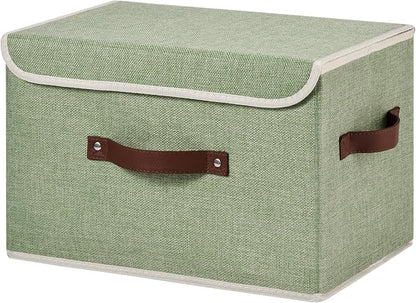 Storage Bins Box with Lids Decorative Cotton Linen Fabric Baskets Cubes with Handles PP Plastic Board Foldable Washable Lidded Clothing Shelf Closet Organizer Container (Light Green, Large)