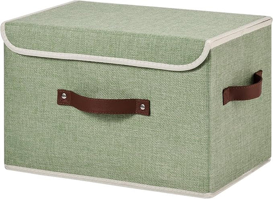 Storage Bins Box with Lids Decorative Cotton Linen Fabric Baskets Cubes with Handles PP Plastic Board Foldable Washable Lidded Clothing Shelf Closet Organizer Container (Light Green, Large)