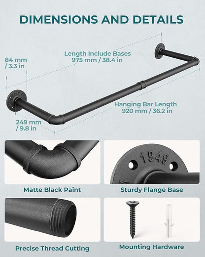 OROPY Industrial Pipe Clothes Rack Wall Mounted Set of 2, 38.4 inches Heavy Duty Iron Pipe Clothing Garment Rail, Multi-Purpose Clothing Hanging Rod for Laundry Room and Closet Storage