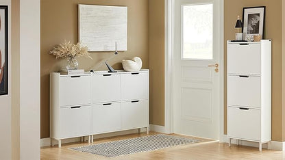 SoBuy Narrow Shoe Cabinet Entryway with 3 Flip-Drawers, Slim Freestanding Shoe Organizer, Space-Saving Hidden Shoe Storage Rack for Hallway or Closet, White FSR151-H-W