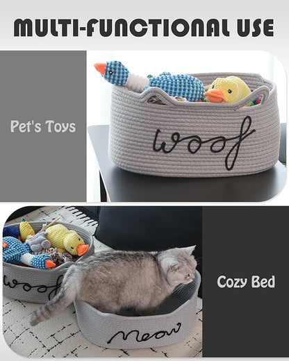 Sea Team Dog Toy Basket with Handles, 16.5 x 11 x 7 Inches, 4.4 Gallons Large Cotton Rope Storage Bin, Box, Shelf Organizer for Pet Chew Toys, Foods, Grey Woof