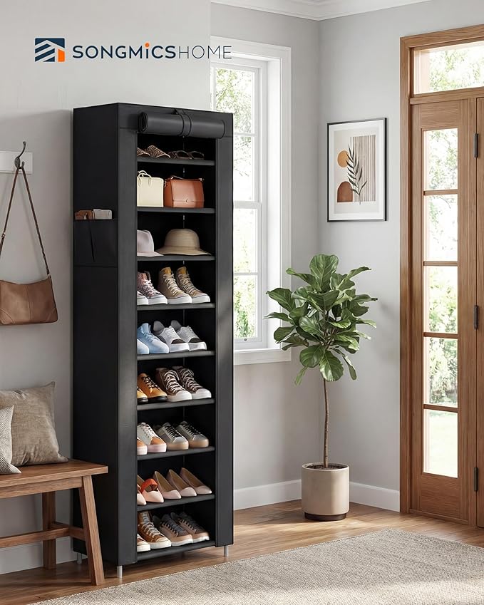 SONGMICS HOME Shoe Rack 10-Tier, Tall Narrow Metal Shoe Organizer with Dust Cover, 11.2 x 19.1 x 63.2 Inches, Vertical Storage Cabinet for Closet Entryway, Black