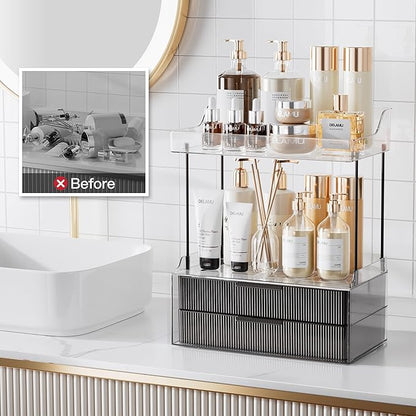 Delamu Bathroom Organizers and Storage, 2 Tier 2 Drawer Makeup Organizer Countertop, Easy to Install, Ideal for Bathroom Counter, Vanity, Large Skincare, Perfume, Present, Desk and More, Black