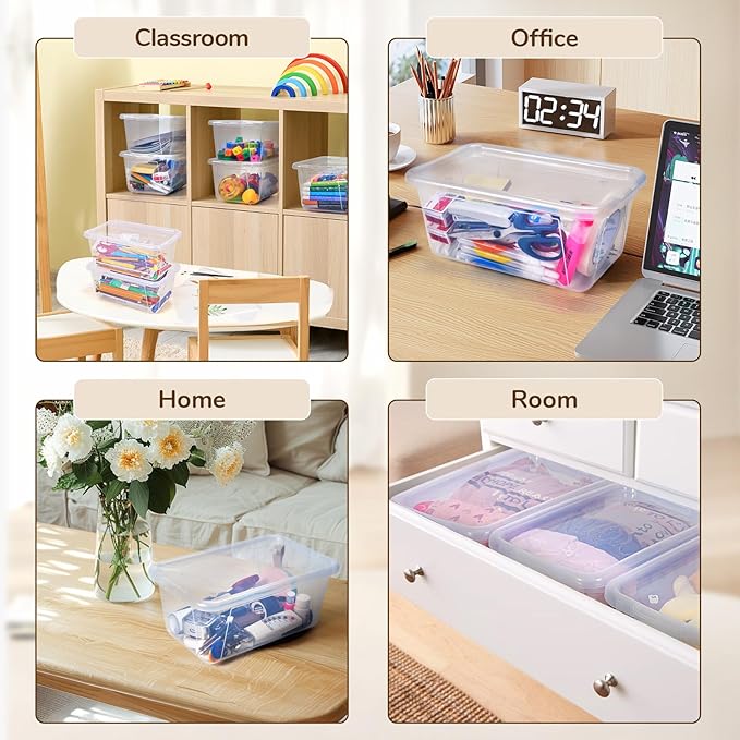 GAMENOTE 6 Quart Storage Bins with Lids, Plastic Latching Box for Classroom & Kids Toy Storage,Stackable Shoe Box Size Containers for STEM Morning Tubs, Crafts & Building Blocks (12, Clear)