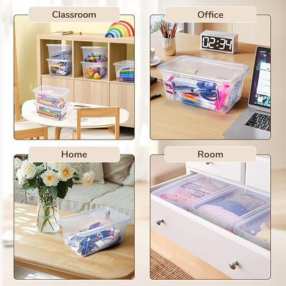 GAMENOTE 6 Quart Storage Bins with Lids, Plastic Latching Box for Classroom & Kids Toy Storage,Stackable Shoe Box Size Containers for STEM Morning Tubs, Crafts & Building Blocks (6, Clear)