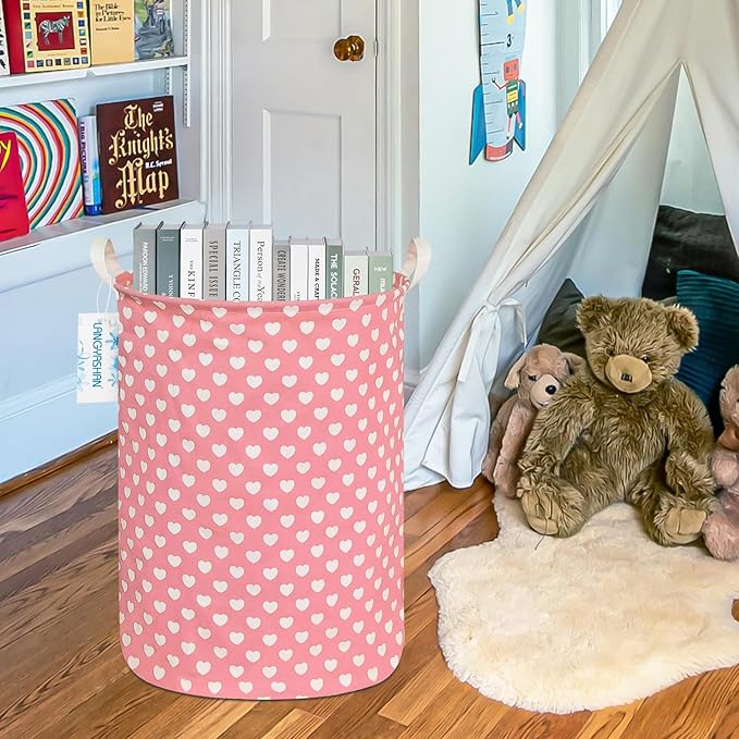 Laundry Basket Canvas Fabric Collapsible Organizer Basket for Storage Bin Toy Bins Gift Baskets Bedroom Clothes Children Nursery Hamper (pink heart)