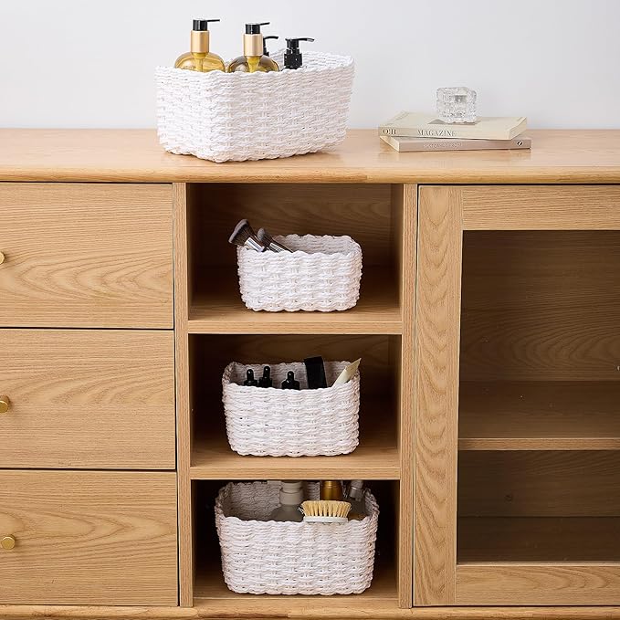 4PCS Woven Storage Baskets Set, Small Baskets for Organizing, Square Handwoven Paper Rope Organizer Bins for Shelves and Home Storage (White)