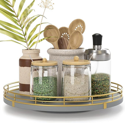 10" Wooden Lazy Susan Turntable for Cabinet – Rotating Spice Rack Organizer, Small Gray Kitchen Countertop Round Tray for Dining Table & Pantry Storage