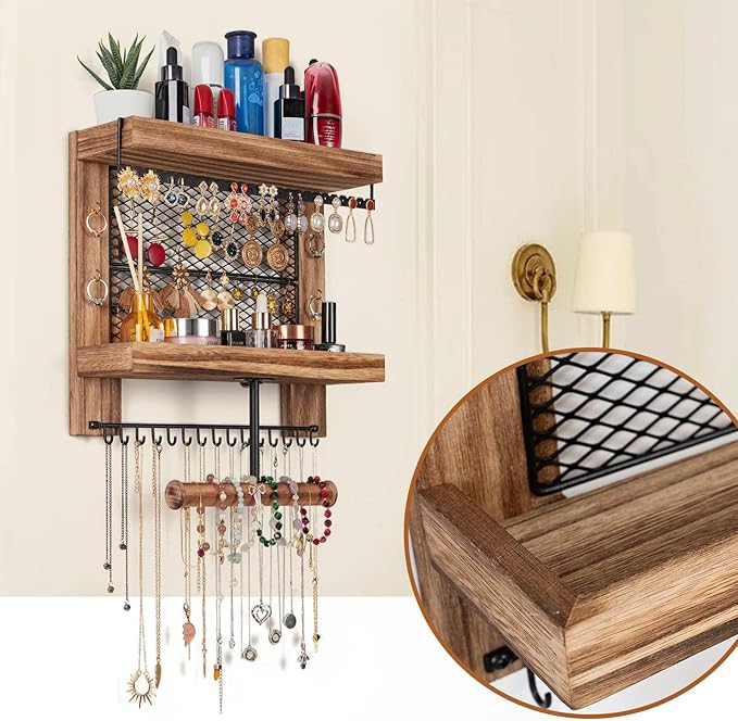 Pinzoveco Hanging Jewelry Organizer Wall Mounted With Wall Jewelry Organizer Holder For Necklaces Bracelet Earrings Ring (Rustic Wood)