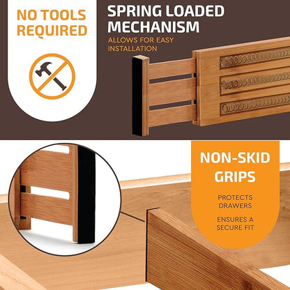 6-Pack Drawer Dividers - 4 Inches High, Adjustable 11 to 17 Inches Bamboo Drawer Organizers, Large Deep Expandable Separators for Clothes, Dresser, Bedroom, Bathroom, Baby, Office, Kitchen Utensils