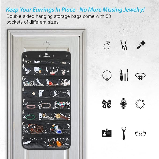 Hanging Jewelry Organizer with 50 Transparent Pockets, 360° Rotating Hanger & Secure Zipper Closure - Foldable Double Sided Jewelry Storage Bag for Earrings, Rings, Necklaces, Bracelets (Black)