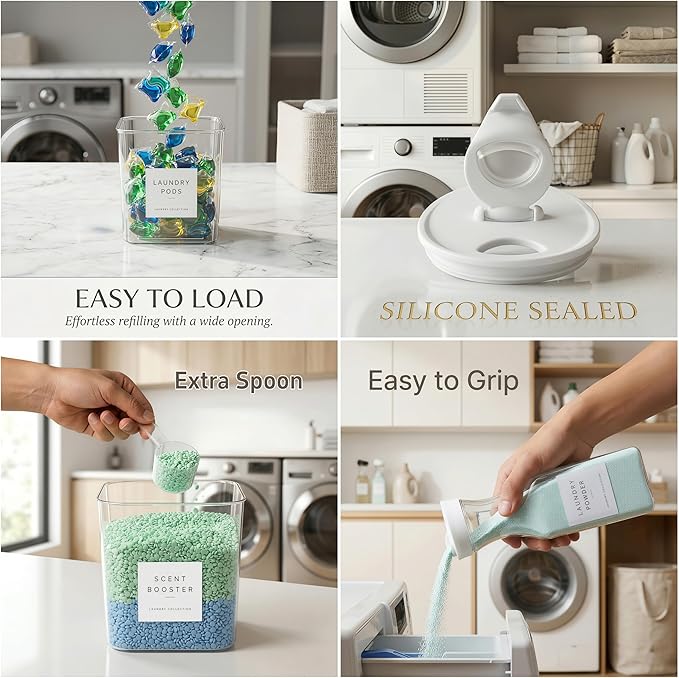 3+2 Pack Laundry Pods Containers & Dryer Sheet Holder & Laundry Detergent Dispenser, Laundry Room Organization and Storage Jars with Lids, Labels and Scoops for Scent Booster, Powder, Pods