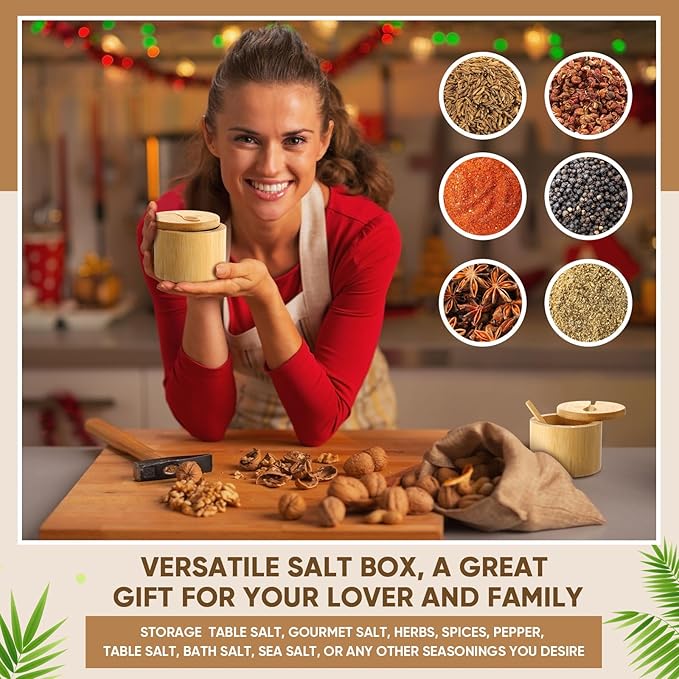 Honeydak 6 PCS 6oz Bamboo Salt Cellar Salt Container with Magnetic Swivel Lid & Spoon Bamboo Storage Box Bowl Elegant Kitchen Holder Saver Jar to Storage Pepper Spice Sea Sugar for Countertop
