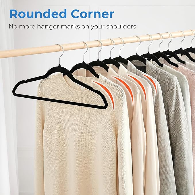Smartor Black Velvet Hangers 50 Pack, Non Slip Clothes Hangers with Shoulder Notches, Premium Slim Space Saving Felt Hanger for Closet Organizers and Storage, Heavy Duty Hanger for Coat