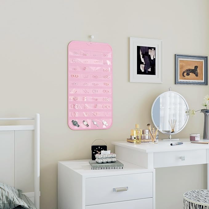 2 Pack Hanging Jewelry Organizer 80-Pocket Dual-sided Jewelry Storage for Earring Necklace Bracelet Ring Travel Holder, Pink