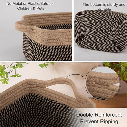 OIAHOMY 3 Pack Storage Baskets for Organizing, Woven Cotton Rope Basket for Shelves, Closet Organizer Bins with Handles, Rectangle Toy Organization, 13.78''×9.84''×5.5'', Brown & Black