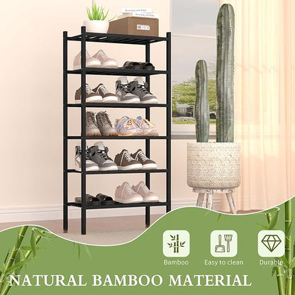 ROMGUAR CRAFT 6-Tier Bamboo Small Shoe Rack, Free Standing Wood Shoe Shelf Storage Organizer for Closet Entryway Stackable (Black)