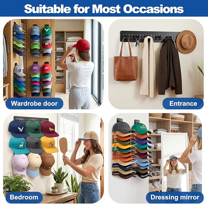 2 Pack Hat Hook Organizer for Baseball Caps, Hat Hanger Holder for 20 Caps, Wall Hat Rack with Strong Adhesive, Multilayer Cap Storage Hooks for Closet Door and Bedroom (Style C-Black)