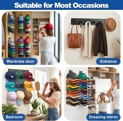 2 Pack Hat Hook Organizer for Baseball Caps, Hat Hanger Holder for 20 Caps, Wall Hat Rack with Strong Adhesive, Multilayer Cap Storage Hooks for Closet Door and Bedroom (Style C-Black)