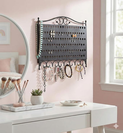 Mango Steam Wall Mounted Closet/Wardrobe Display Hanger Organizer for Jewelry & Earrings With Hooks for Necklaces, Bracelets, Accessories - Black