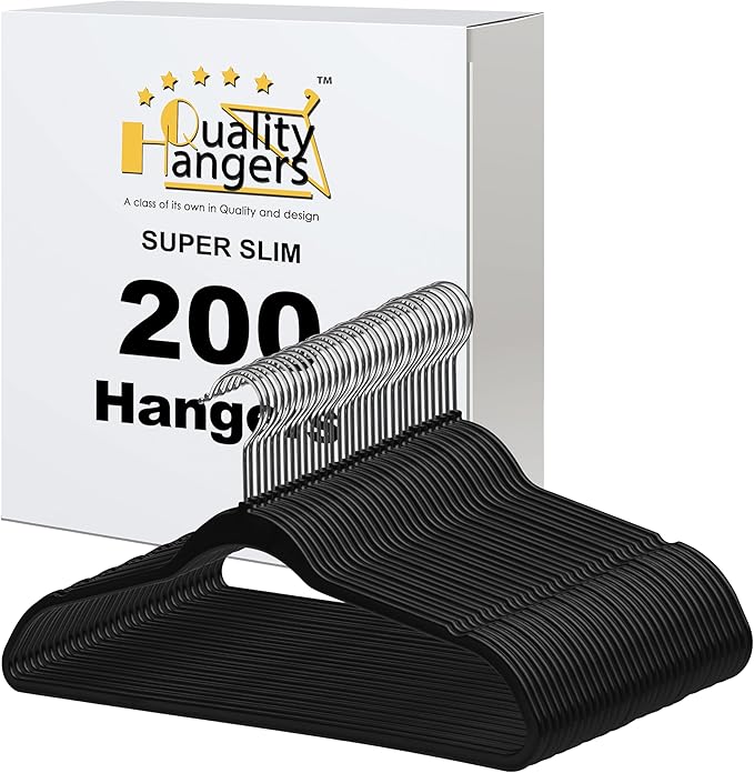 Quality Hangers 200 Pack Slim Plastic Hangers for Clothes - 16.5" Won't Crease Your Clothes, Heavy Duty Non-Velvet Black Hangers, 360° Swivel Chrome Hook Dresses Coats Shirts