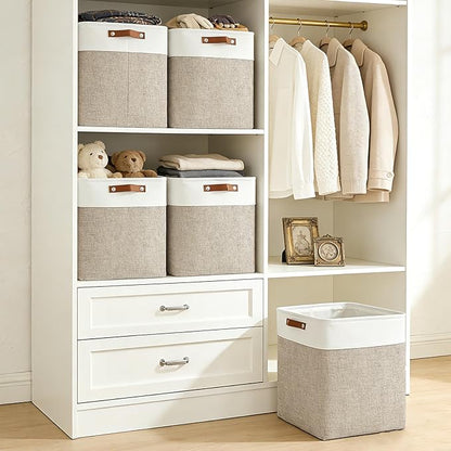 Bagnizer Large Fabric Storage Baskets | 50L Storage Bins, Decorative Linen Closet Baskets with Handles for Organizing, Shelf, Toys, Clothes, Home, Office, Nursery, 17x12x15Inches (Beige&White)
