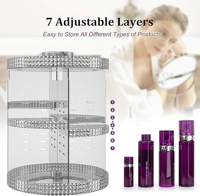 Awenia Makeup Organizer 360-Degree Rotating Plus Size, Adjustable Makeup Storage, 7 Layers Large Capacity Cosmetic Storage Unit,Fits Different Types of Cosmetics and Accessories with Makeup Bag