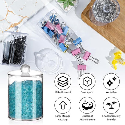 XIPENGKEJI 6 Pack Qtip Holder,Canister Apothecary Jar Set, Bathroom Jars with Lids Set for Cotton Swabs, Balls, Pads, Floss Picks,10oz-12oz Plastic Canisters Restroom Bedroom Vanity Organizer(Clear)