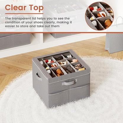 PHINOX Shoe Organizer for Closet, Fits 12-24 Pairs, Shoe Storage Bins with Clear Cover and Reinforced Handles, Foldable Shoe Storage Organizer, Space Saving Shoe Holder for Wardrobe, 2 Pack Gray