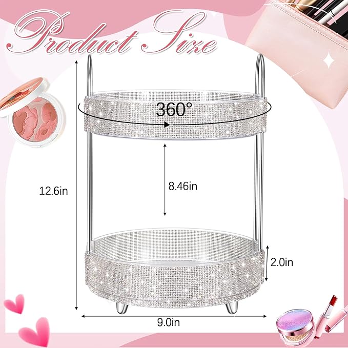 Honeydak 360 Rotating Perfume Organizer for Mother Day Nurse Day Rhinestone Bathroom Counter Organizer Makeup Holder Skincare and Perfume Storage for Cosmetic Countertop(2 Tiers,Resin Stone,White)