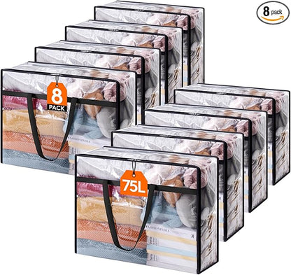 Lifewit 8 Pack Clear Clothes Storage Bags, 75L Plastic Blanket Storage Bag, Vinyl Foldable Moving Bags with Zipper, Closet Organizers and Storage Containers for Bedding, Duvet, Comforter