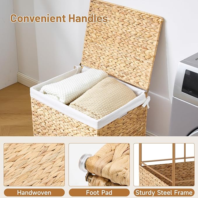Water Hyacinth Storage Basket with Lid, 21.1 Gallon (80L) Wicker Shelf Basket with Removable Liner, Wicker Storage Basket for Blanket, for Livingroom, Bedroom, Natural