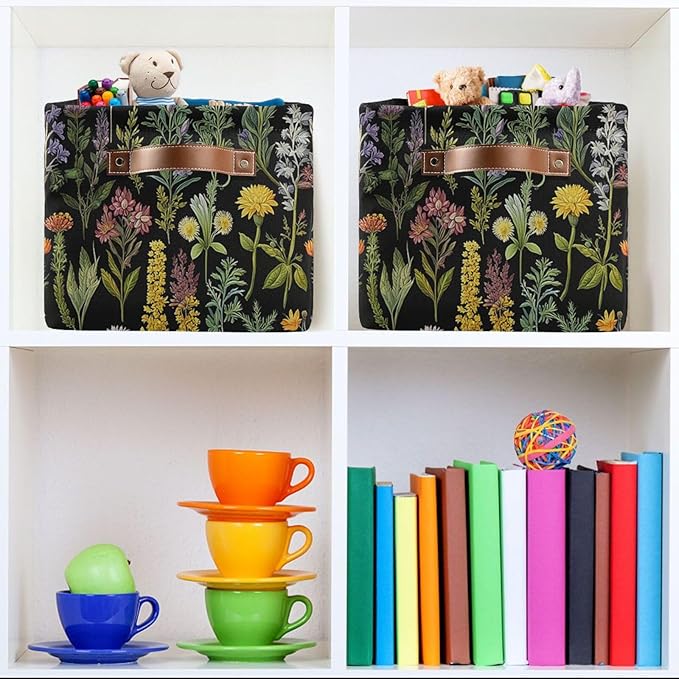 Vintage Leaves Herbs Storage Basket Decorative Fabric Baskets Bins Foldable Shelf Closet Baskets Storage Box Cube With Handle Organizer Basket For Kids Toys Clothes Bedroom Nursery