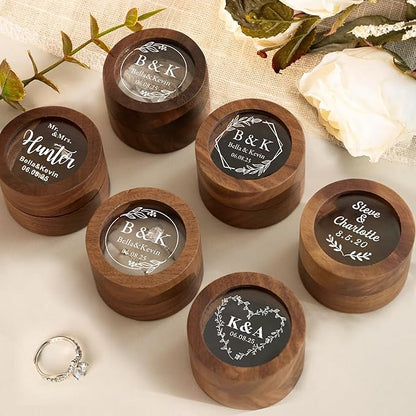 EDSG Personalized Wedding Ring Box, Engraved Wooden Engagement Ring Bearer Box with Any Text, Custom Wedding Day Gifts for Her Him Anniversary Proposal (White, Design 5)