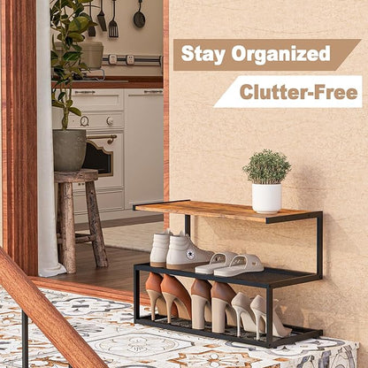 Shoe Rack, Unique 5-Shaped Free Standing Shoe Shelf, 3-Tier Wooden Shoe Organizer with Wooden Top and Steel Frame for Front Door Entrance, Entryway, Hallway, 24.41" D x 11.02" W x 16.14" H