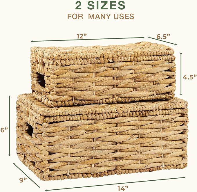 84ECO Set of 2 Wicker Baskets with Lid - Decorative Storage Boxes for Home Decor, Shelves - Woven Basket with Lid - Wicker Decor - Rattan Box - Decorative Bins with Lids (Natural)