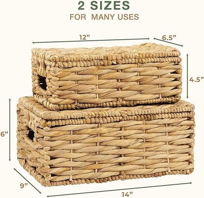 84ECO Set of 2 Wicker Baskets with Lid - Decorative Storage Boxes for Home Decor, Shelves - Woven Basket with Lid - Wicker Decor - Rattan Box - Decorative Bins with Lids (Natural)