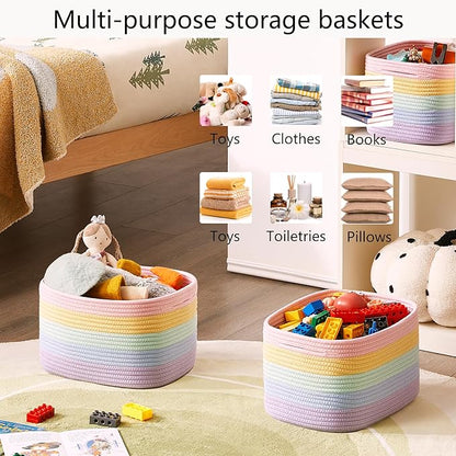 Rainbow Rope Basket for Storage 4 Pack Cotton Rectangular Baskets for Shelves Woven Toy Storage Bins for Nursery Kids in Classroom 12.7"Lx9"Wx7.9"H Pastel Rainbow