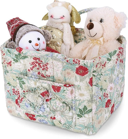 Storage Basket Boho Fabric Large Collapsible Floral Laundry Nursery Hamper Portable Folding Storage for Clothes Toys (Light Green B)