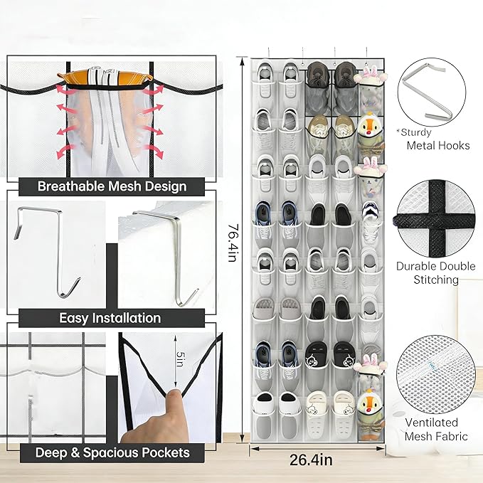 Over the Door Shoe Organizer, 40 Large Mesh Pockets Hanging Shoe Rack for Door, Space Saving Shoe Storage Organizer for Closet, Bedroom, Entryway, White