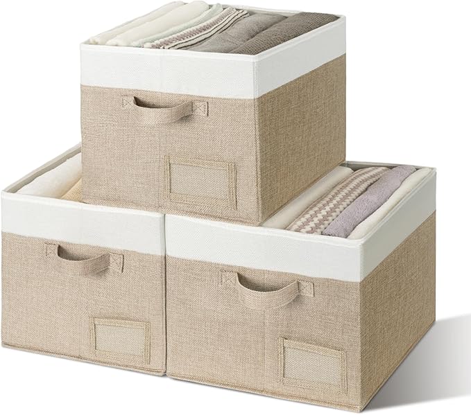 GRANNY SAYS Closet Storage Bins, Large Fabric Storage Bins, Collapsible Clothing Storage and Organization, Decorative Storage Bins, Khaki&Ivory, Large, 3-Pack