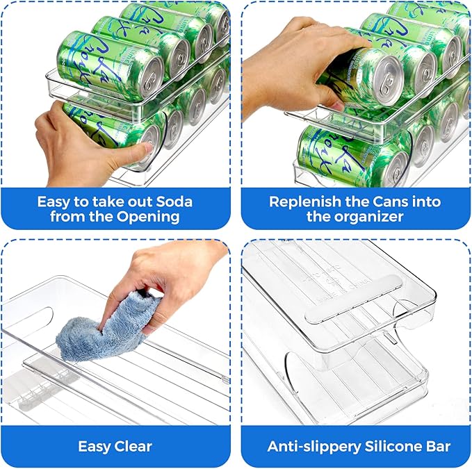 2 Pack Rolling Soda Can Organizer for Refrigerator Can Dispenser for Fridge Beer Soda Seltzer Pop Can Soda Organizer for Fridge 10 Standard Size 11.15oz 12oz 330ML 355ML Cans Holder Storage