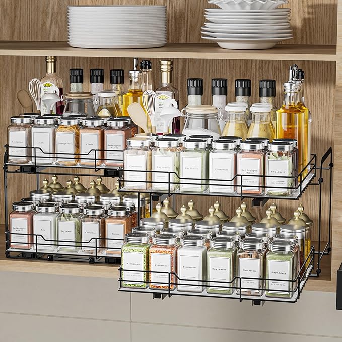 BOIVSHI 2-Tier Pull Out Spice Rack, Spice Rack Organizer, Pull Out Spice Racks for Inside Cabinets, Height Adjustable Heavy Duty Metal Basket for Inside Cabinet & Pantry (13.5''Wx10.5''Dx9.5''H)