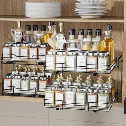 BOIVSHI 2-Tier Pull Out Spice Rack, Spice Rack Organizer, Pull Out Spice Racks for Inside Cabinets, Height Adjustable Heavy Duty Metal Basket for Inside Cabinet & Pantry (13.5''Wx10.5''Dx9.5''H)