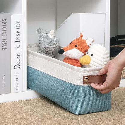 DULLEMELO Fabric Bathroom Storage Bin with Leather Handles, Narrow Organizer for Towels, Toilet Paper Rolls, Storage Basket for Back of Toilet, Vanities, Shelves & Cabinets (White&Teal)
