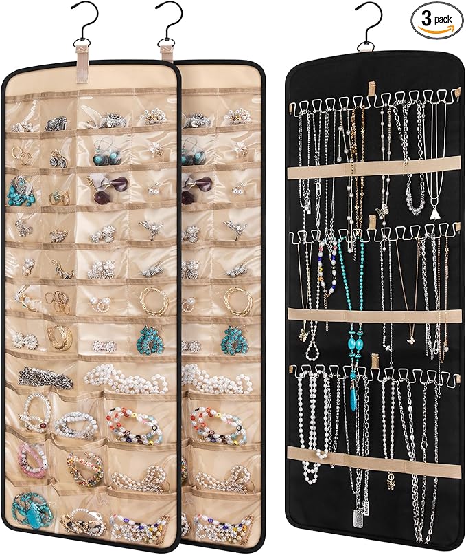 3 Pack Hanging Jewelry Organizer Storage with 39 Pockets, 30 Necklace Hooks Double Sided Wall Mount Earring Holder Organizer Bracelet Necklace Jewelry Display Hanger for Closet Door (Black)